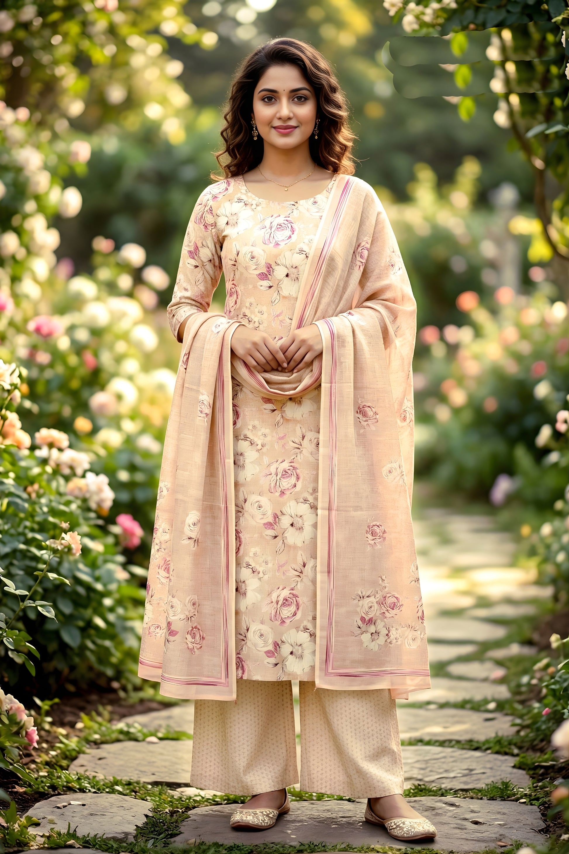Lovely Peach Floral Digital Printed Cotton Palazzo Suit with Dupatta for Women