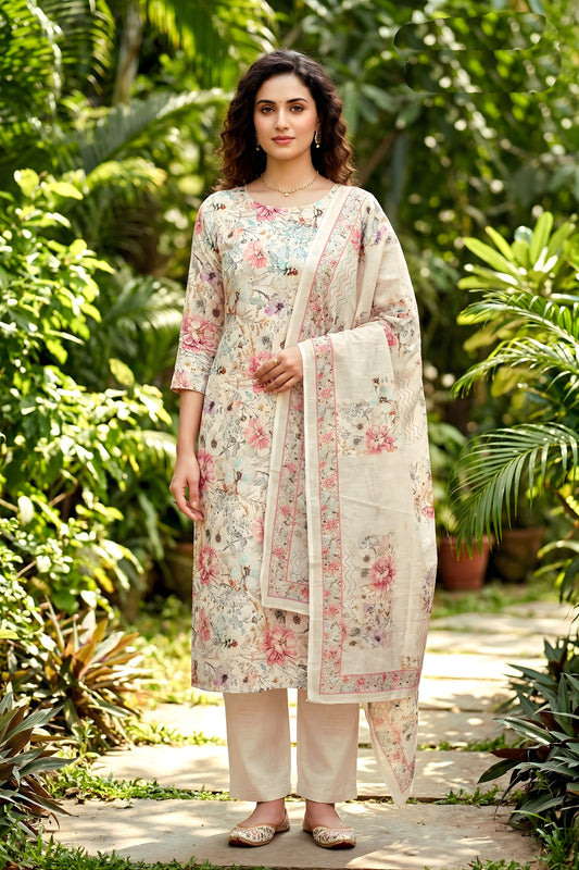 Charming Cream Floral Digital Printed Cotton Salwar Suit with Dupatta for Women