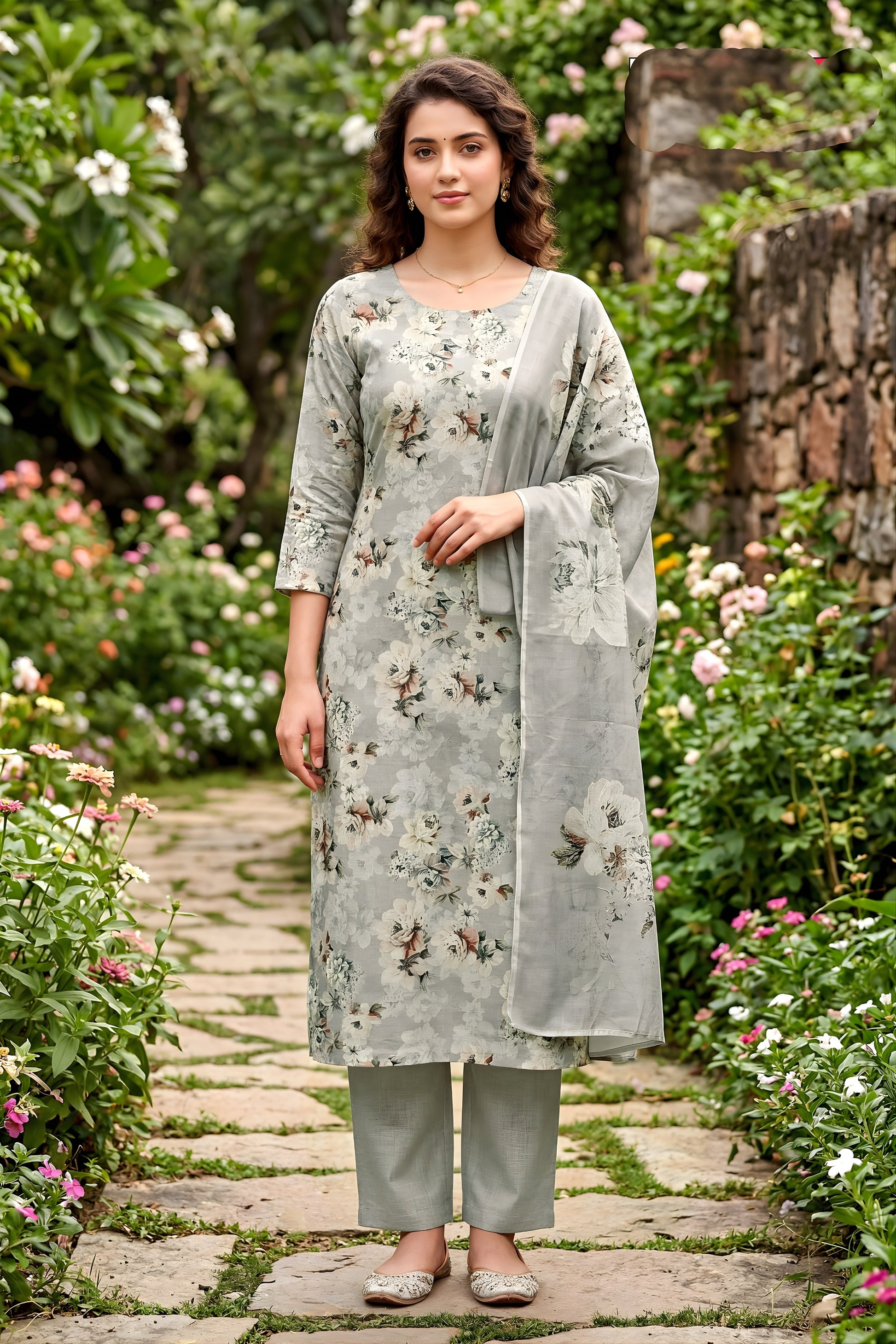 Adorable Grey Floral Digital Printed Cotton Salwar Suit with Dupatta for Women