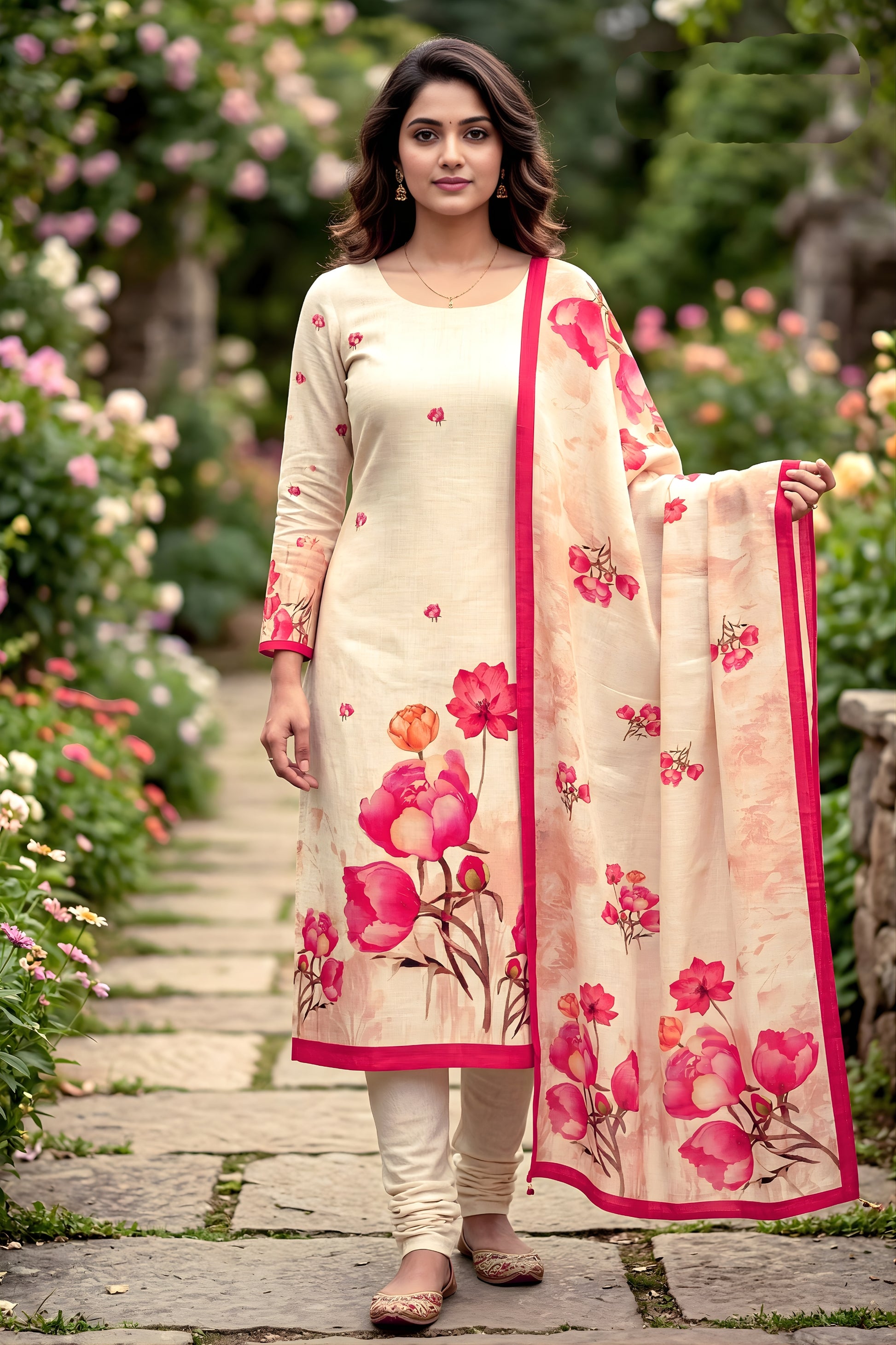 Wonderful Cream Floral Digital Printed Cotton Salwar Suit with Dupatta for Women