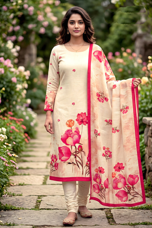 Wonderful Cream Floral Digital Printed Cotton Salwar Suit with Dupatta for Women