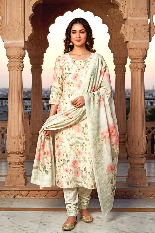 Elegant Cream Floral Digital Printed Cotton Salwar Suit with Dupatta for Women