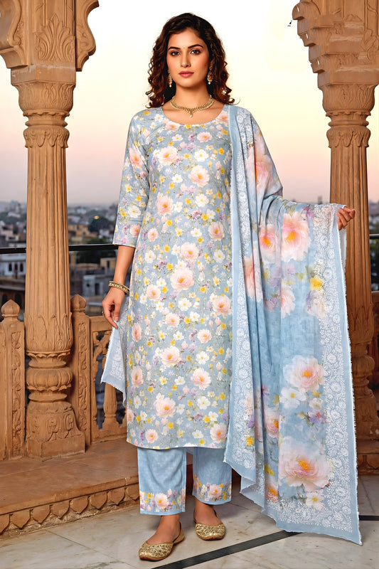 Trendy Sky Blue Floral Digital Printed Cotton Palazzo Suit with Dupatta for Women