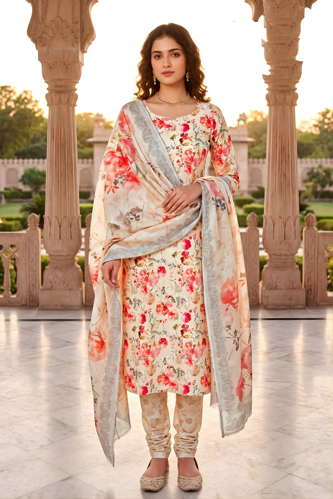 Stylish Cream Floral Digital Printed Cotton Salwar Suit with Dupatta for Women