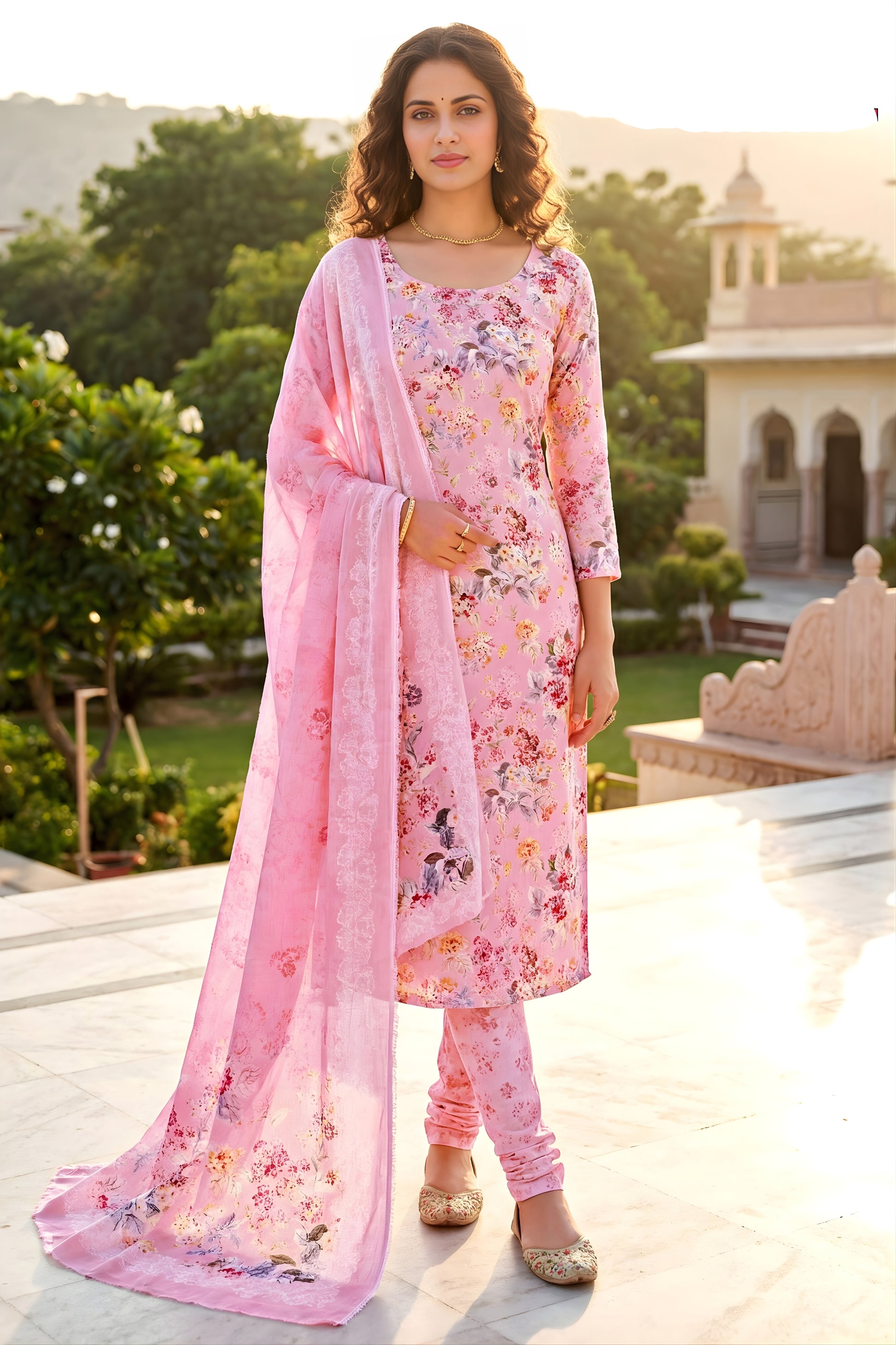 Latest Baby Pink Floral Digital Printed Cotton Salwar Suit with Dupatta for Women