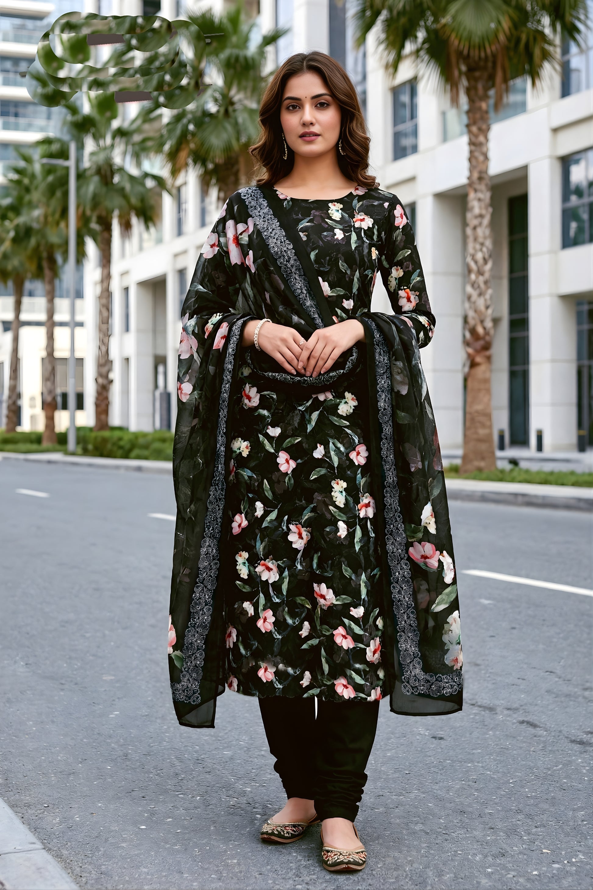 Stunning Black Floral Digital Printed Crepe Salwar Suit with Dupatta for Women