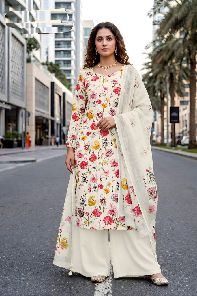 Wonderful White Floral Digital Printed Crepe Palazzo Suit with Dupatta for Women
