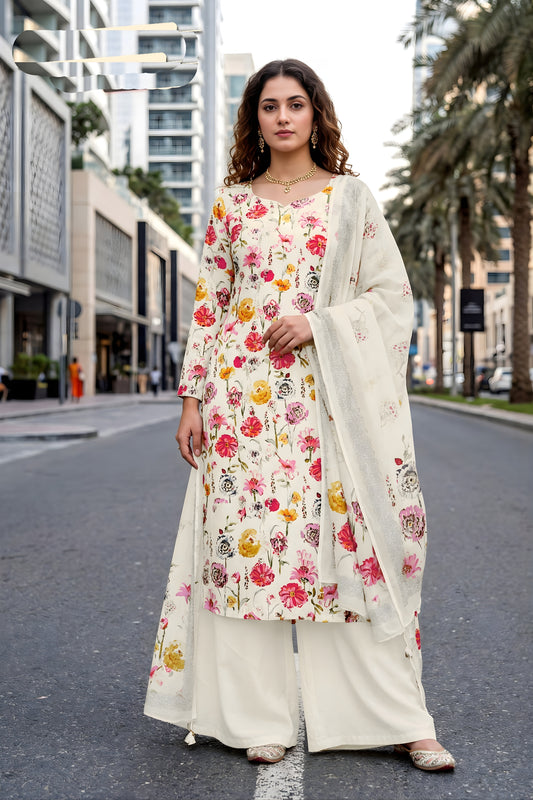 Wonderful White Floral Digital Printed Crepe Palazzo Suit with Dupatta for Women