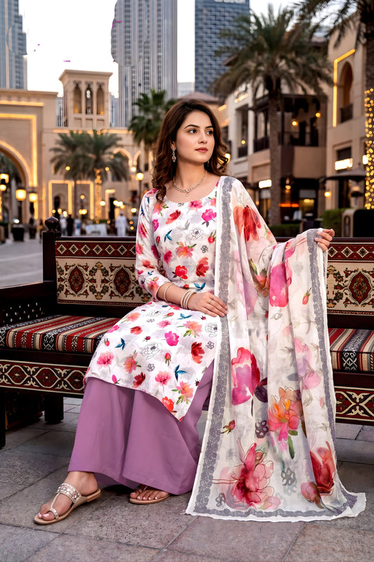 Lovely White Floral Digital Printed Crepe Palazzo Suit with Dupatta for Women