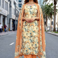 Impressive Peach Abstract Digital Printed Crepe Palazzo Suit with Dupatta for Women
