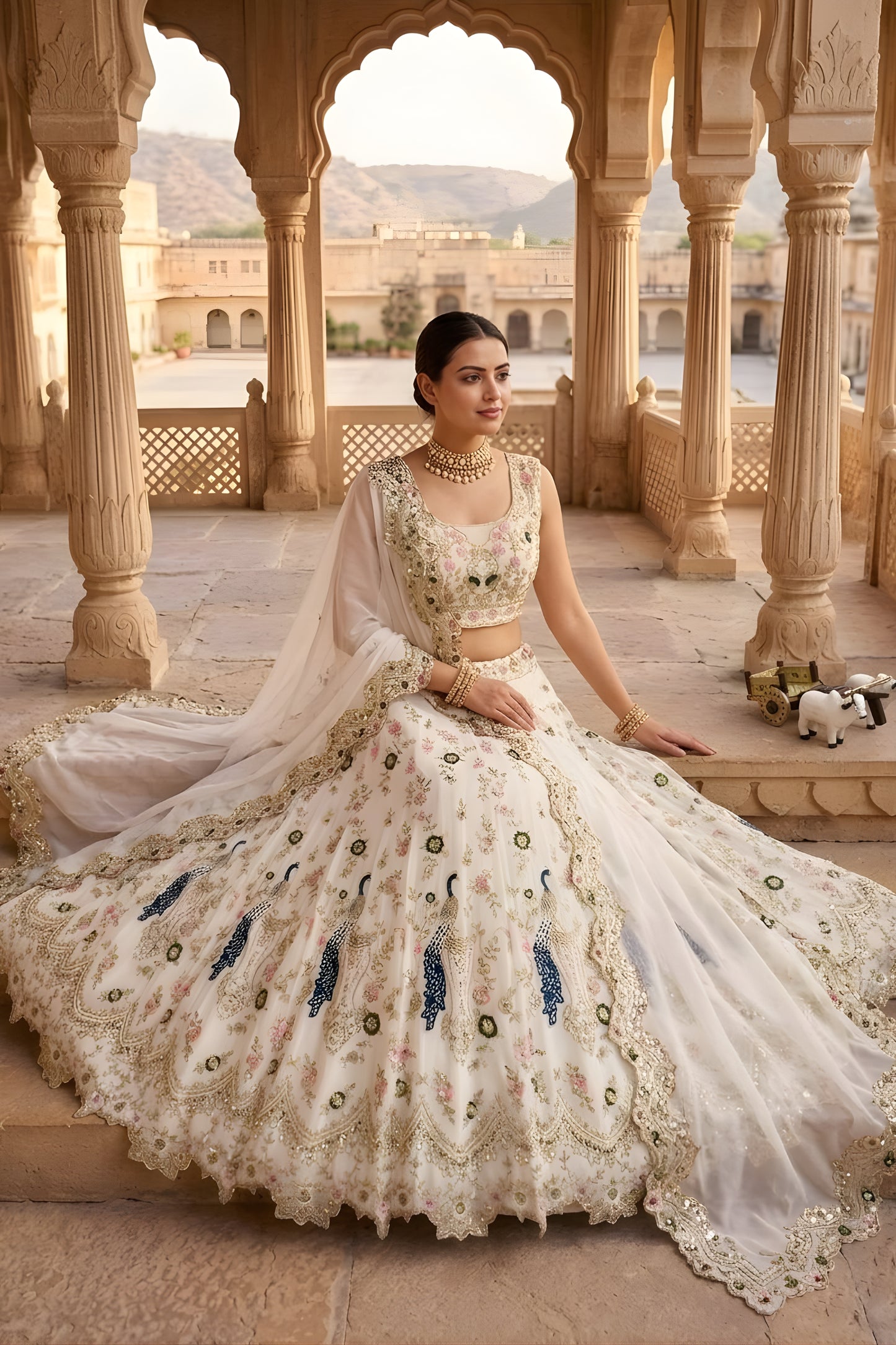 Elegant Off White Peacock Embroidered Faux Georgette Bridal Lehenga Choli for Women