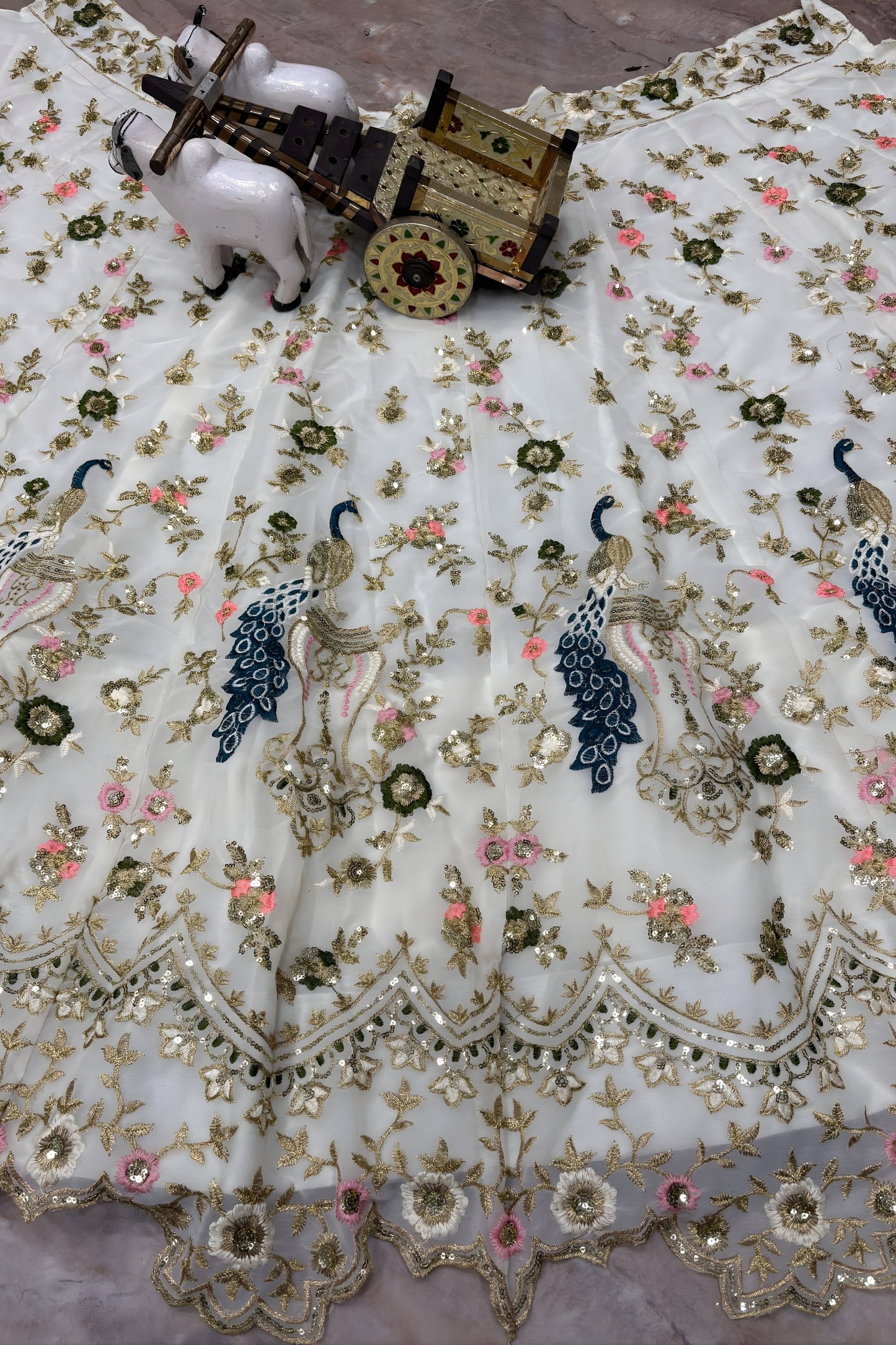 Elegant Off White Peacock Embroidered Faux Georgette Bridal Lehenga Choli for Women
