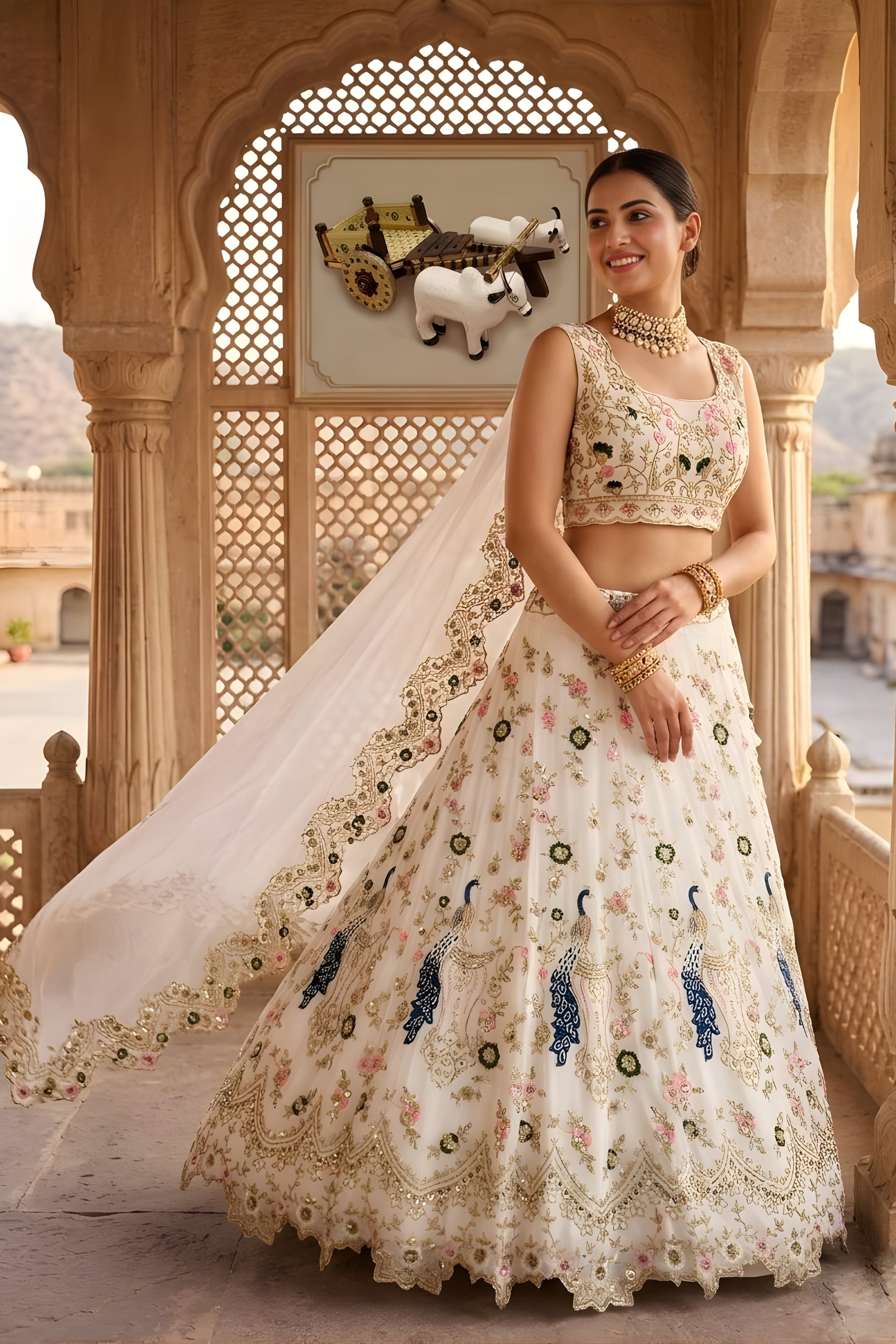 Elegant Off White Peacock Embroidered Faux Georgette Bridal Lehenga Choli for Women