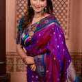 Magenta Paithani Silk Saree with Contrast Teal Blue Zari Border