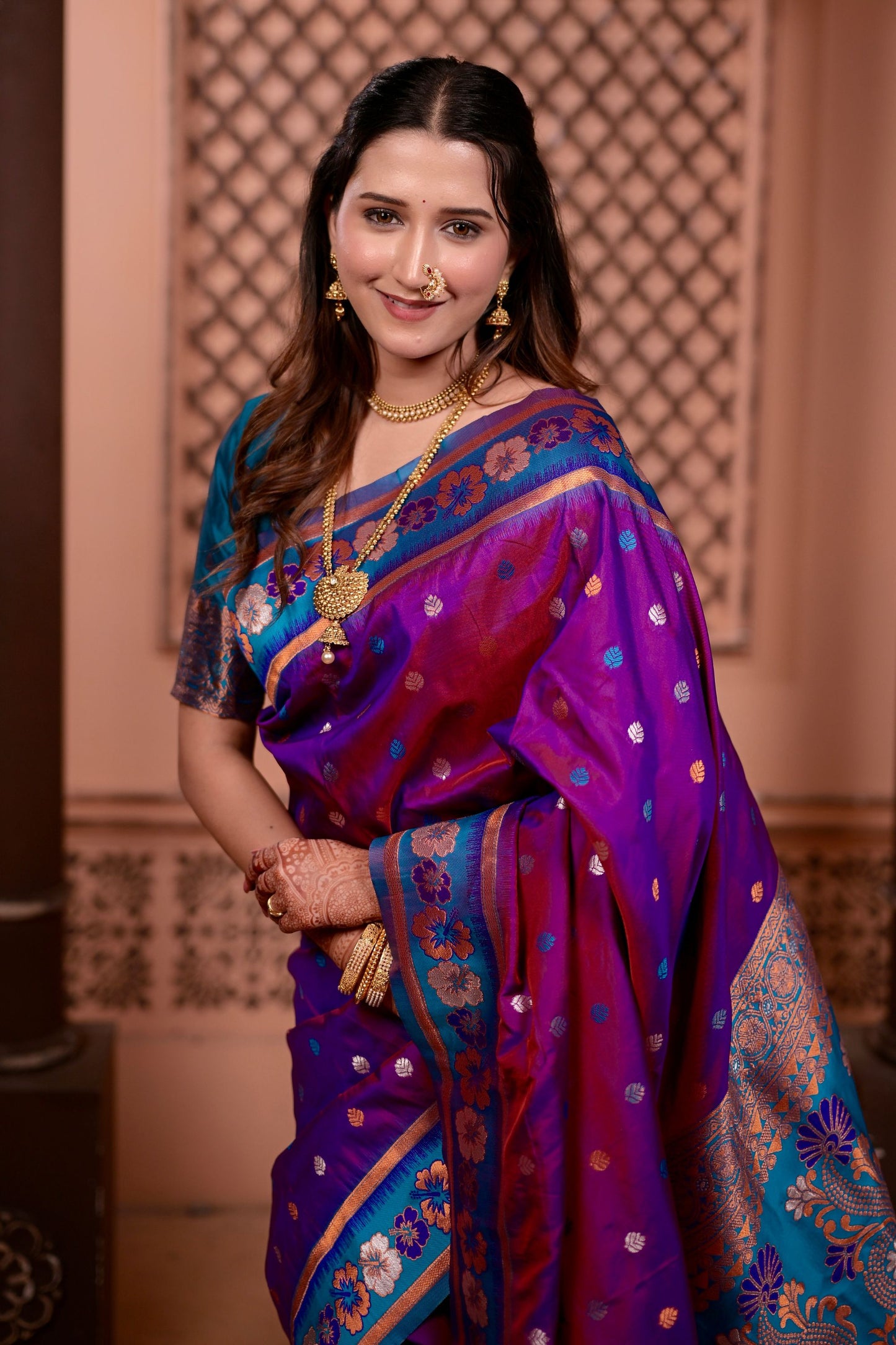 Magenta Paithani Silk Saree with Contrast Teal Blue Zari Border