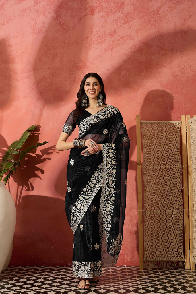 Black Embroidered Georgette Saree with Designer Border Party Wear Saree