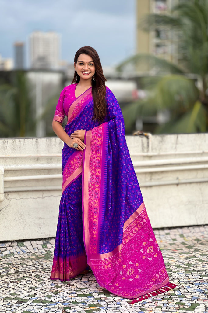 Royal Blue Saree with Rani Pink Contrast Border Traditional Printed Design 