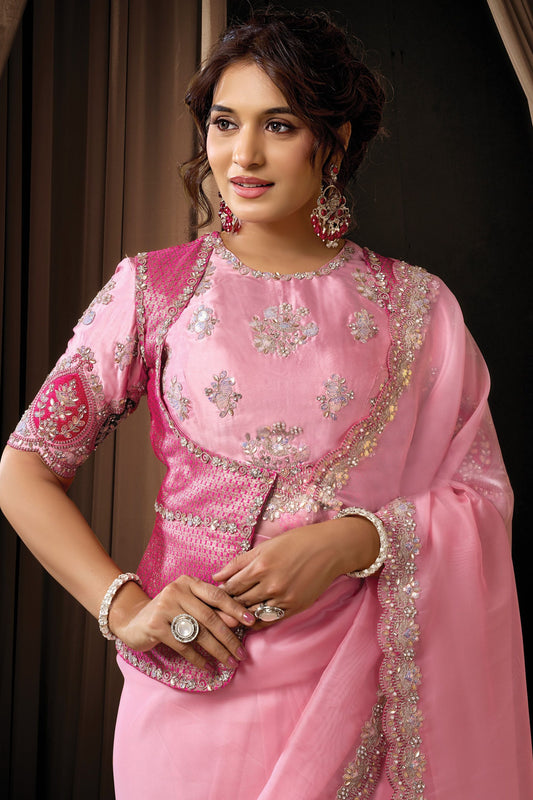 Elegant Pink Embroidered Designer Saree with Zari Border Blouse