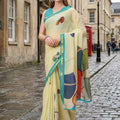 Lemon Yellow Printed Cotton Saree Turquoise Border Abstract Designer 