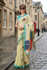 Lemon Yellow Printed Cotton Saree Turquoise Border Abstract Designer 
