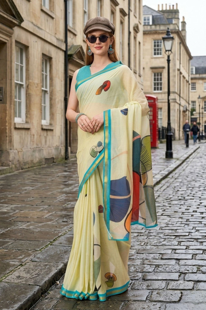 Lemon Yellow Printed Cotton Saree Turquoise Border Abstract Designer 