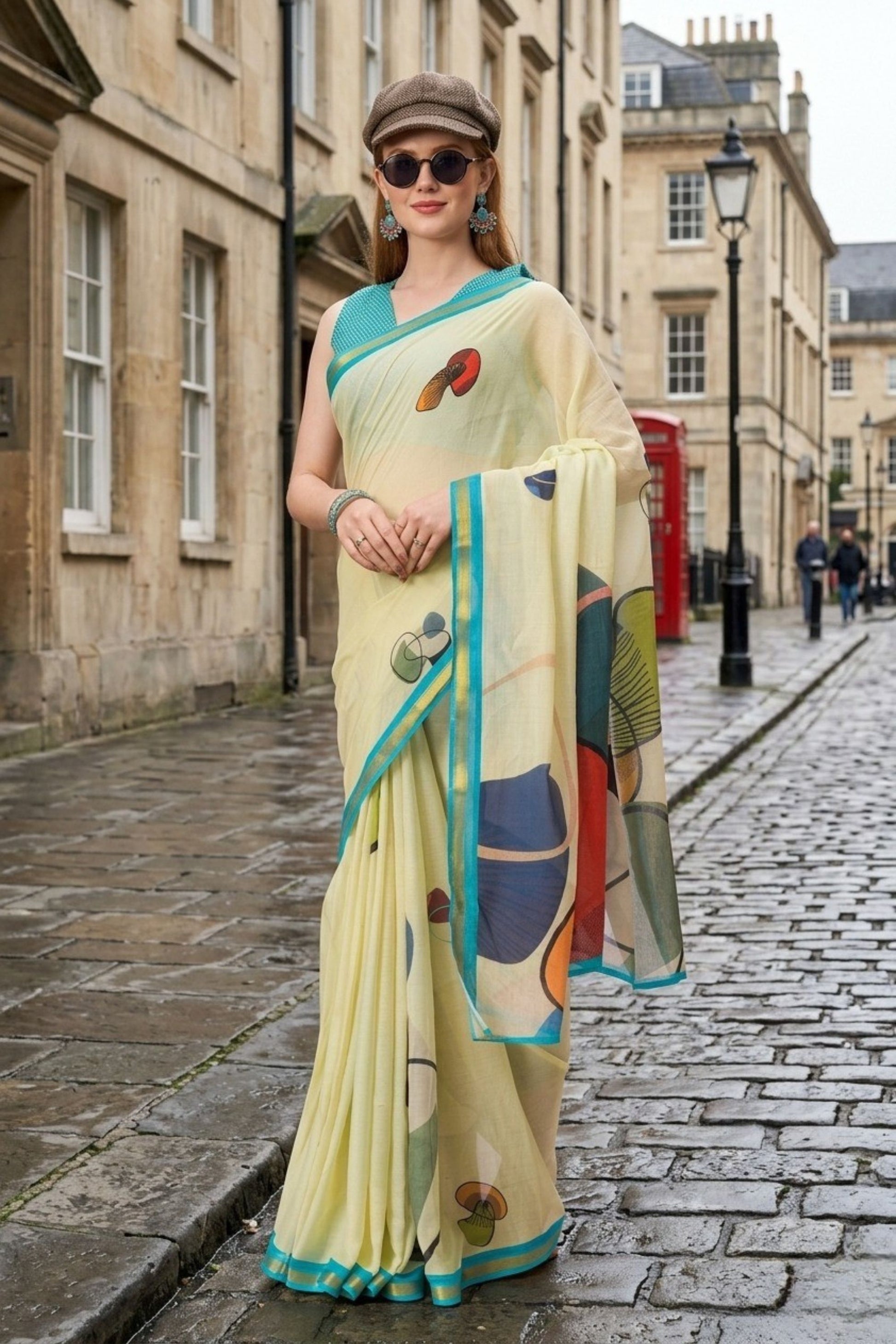 Lemon Yellow Printed Cotton Saree Turquoise Border Abstract Designer 