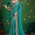 Teal Green Bandhani Saree And Designer Blouse Festive Wear