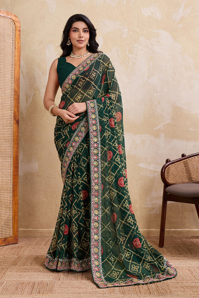 Dark Green Printed Saree Traditional Motif Design Decorative Border 