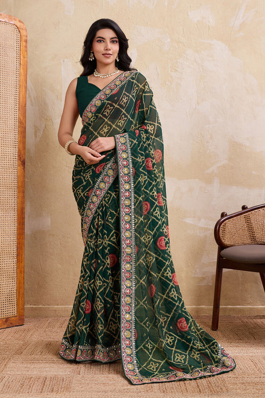 Dark Green Printed Saree Traditional Motif Design Decorative Border 