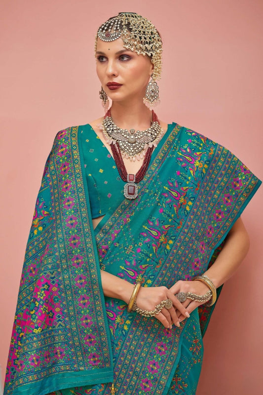 Teal Patola Printed Silk Saree with Traditional Border Festive Wear