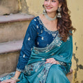 Teal Blue Silk Saree with Floral Embroidery Designer Blouse