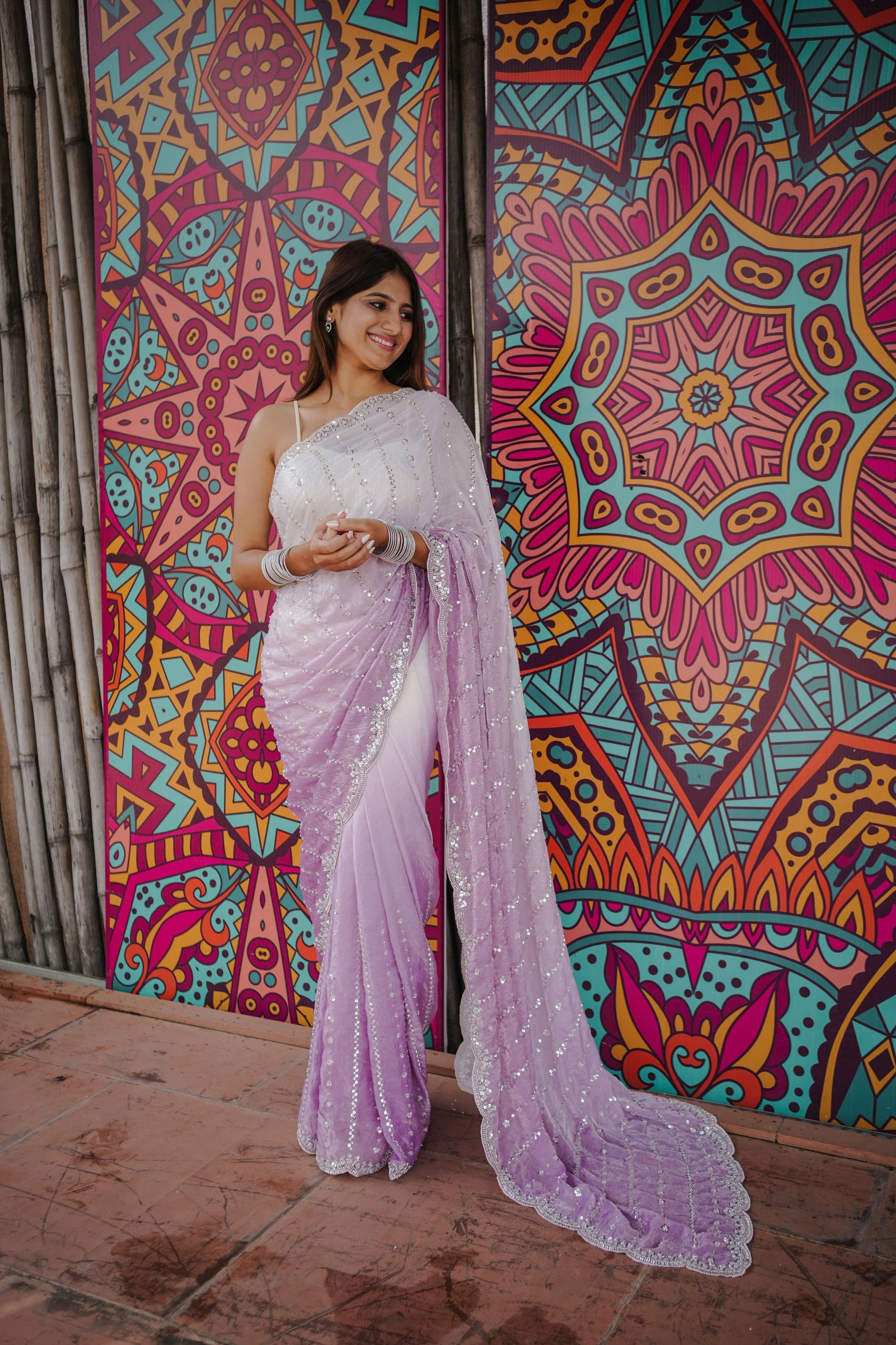 Lavender White Ombre Saree Sequin Designer Border Party Wear Saree