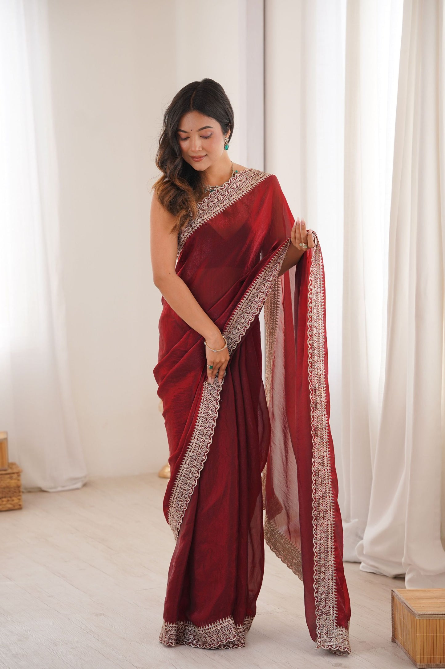 Luxury Wine Red Organza Saree with Designer Embroidered Border