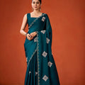 Dark Teal Embroidered Georgette Saree Floral Motifs Designer Border
