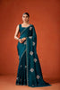 Dark Teal Embroidered Georgette Saree Floral Motifs Designer Border