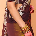 Chocolate Brown Designer Embroidered Silk Saree Zari Border Blouse Piece