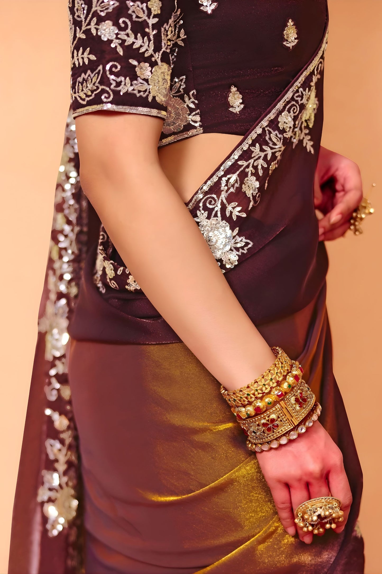Chocolate Brown Designer Embroidered Silk Saree Zari Border Blouse Piece