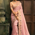 Pink Designer Embroidered Silk Saree with Floral Work Wedding Wear
