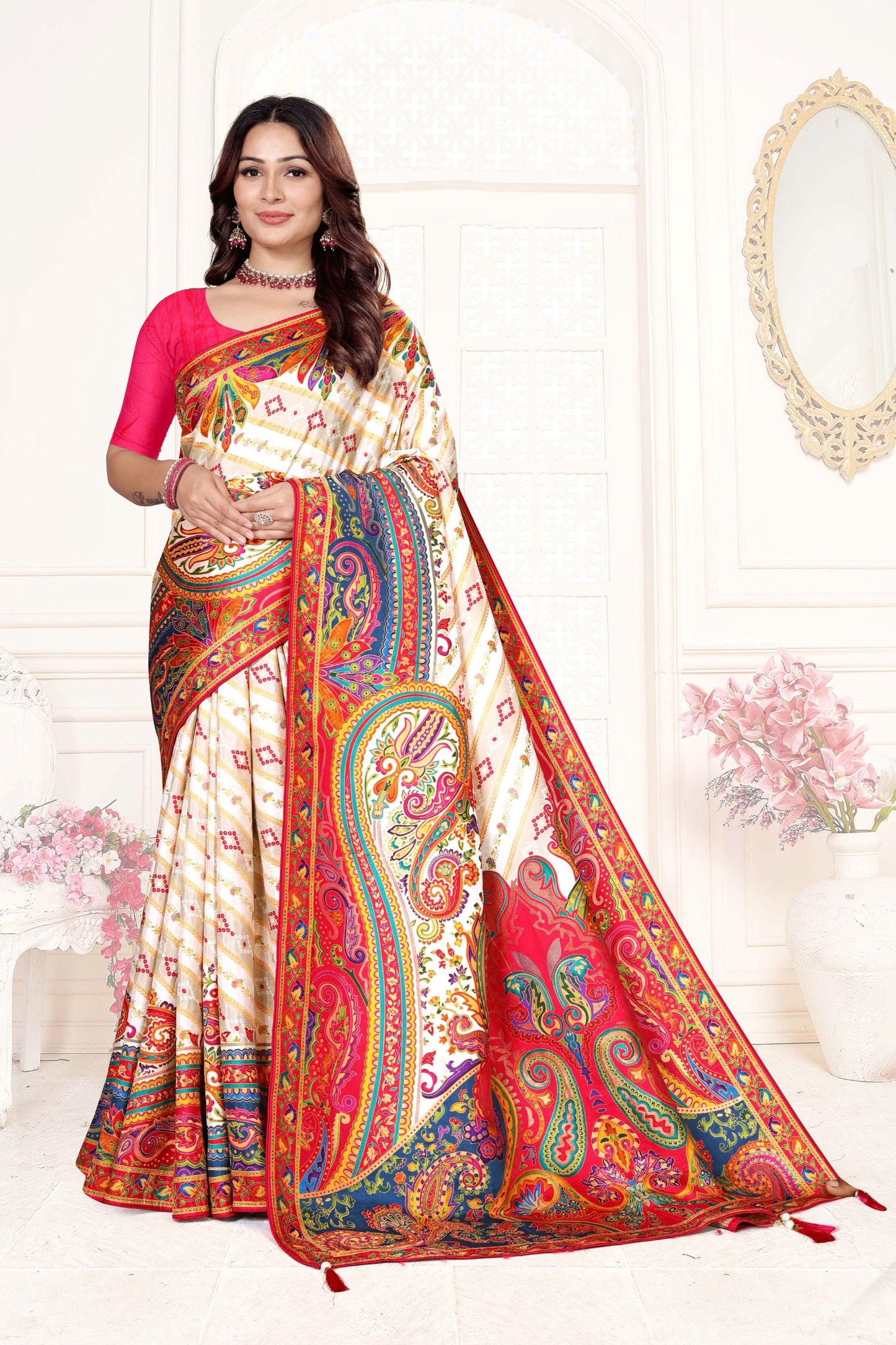 White Multicolor Printed Saree with Paisley Design Saree