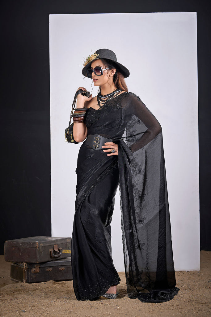  Black Organza Silk Saree with Floral Embroidery Designer Saree