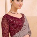 Taupe Grey Silk Saree with Wine Designer Embroidered Border
