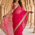 Rani Pink Organza Saree Golden Embroidered Border Designer Blouse