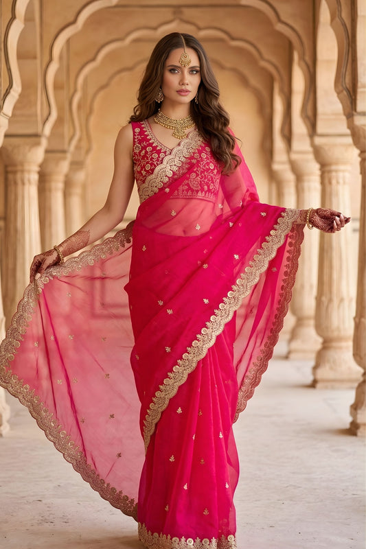 Rani Pink Organza Saree Golden Embroidered Border Designer Blouse