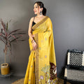  Mustard Yellow Linen Cotton Saree Artistic Elephant Print Pallu
