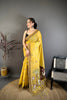  Mustard Yellow Linen Cotton Saree Artistic Elephant Print Pallu