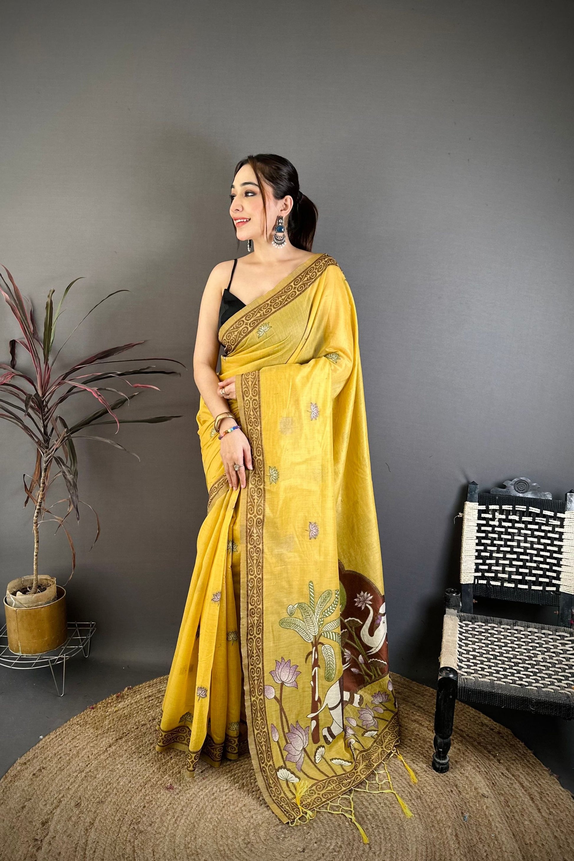  Mustard Yellow Linen Cotton Saree Artistic Elephant Print Pallu
