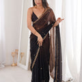  Black Organza Saree Golden Butti Work Embroidered Border