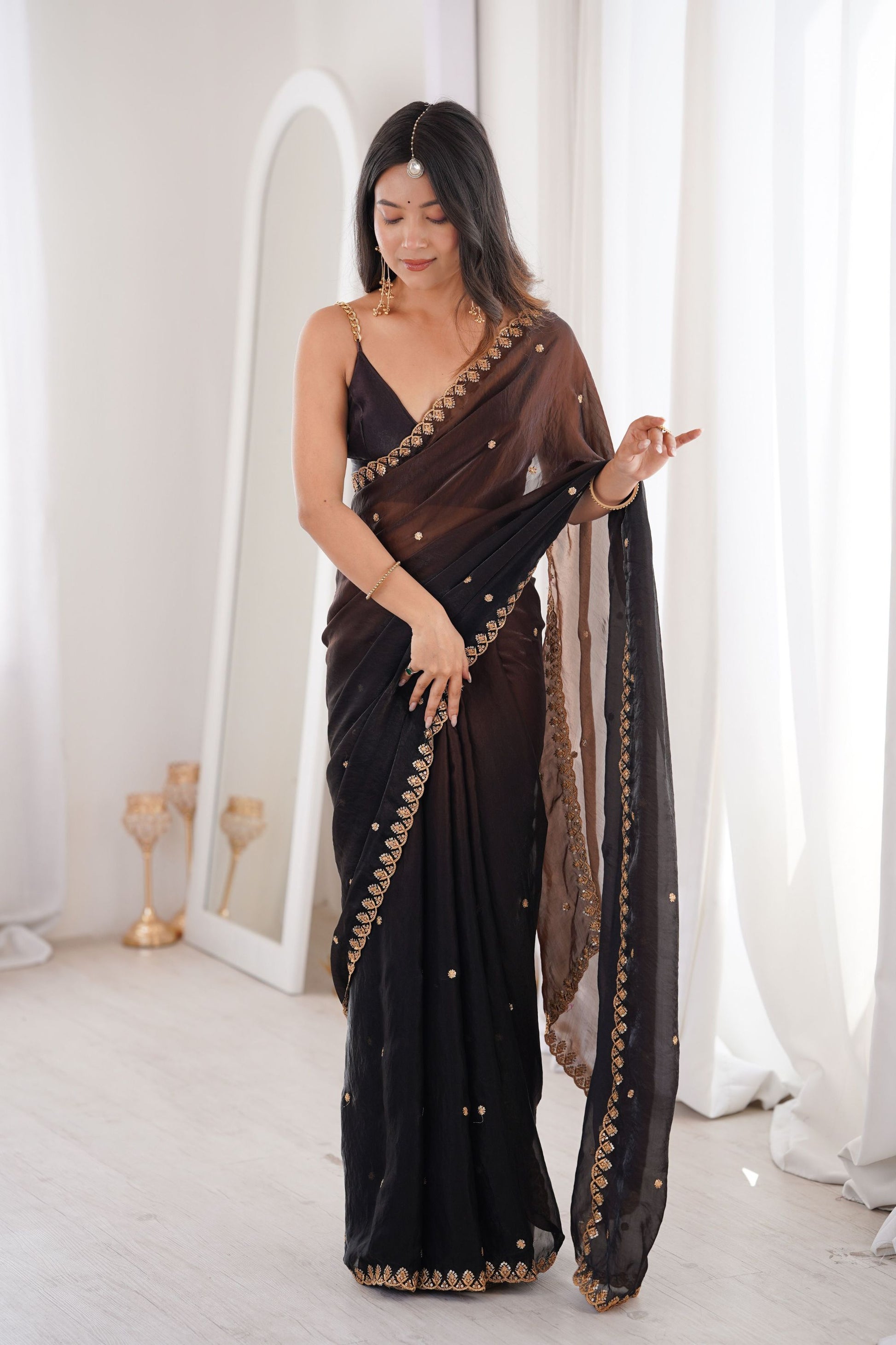  Black Organza Saree Golden Butti Work Embroidered Border
