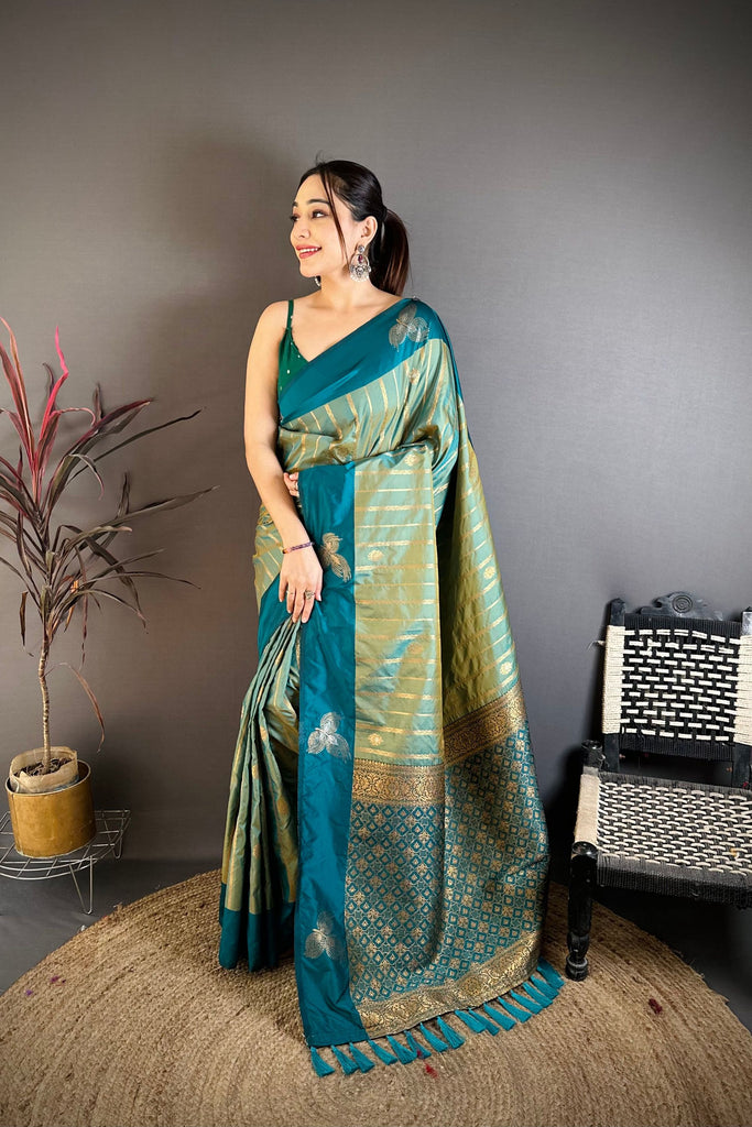 Teal Blue Banarasi Silk Saree with Rich Gold Zari Weaving Tassel Pallu