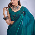 Peacock Green Organza Saree Black Floral Embroidery Designer Saree